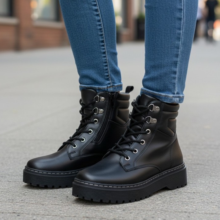 Bota Feminina Coturno Preto Casual com Fivela Zíper Lateral Solado Antiderrapante