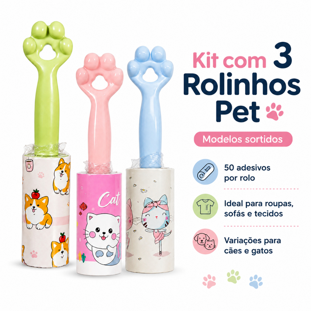 Kit 03 Rolos Adesivos Pets Tira Pelos Removedor Gato Cachorro Sofá Carro
