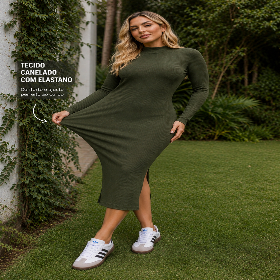 Vestido Miriam Feminino Canelado Manga Longa Elegante Estiloso Casual Confortável P M G GG G1