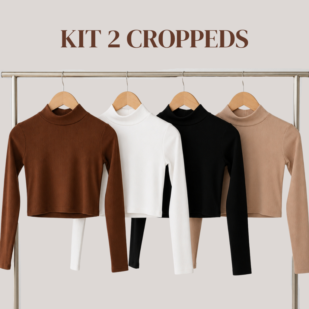 Kit 2 Croppeds Canelados Juvenil Feminino Manga Longa Gola Alta Confortável Estiloso pro Inverno