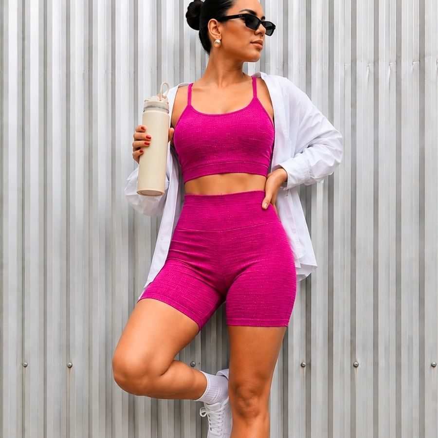 Conjunto Feminino Short e Top Tecido Canelado Zero transparencia Moda Fitness Verão 2026 Pra Academia Treinos Corrida
