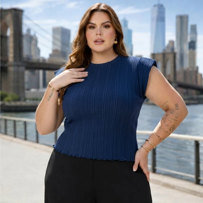 Blusa Feminina Muscle tee Plus Size Premium Ribana Canelada Gola Redonda Básica Social Elegante