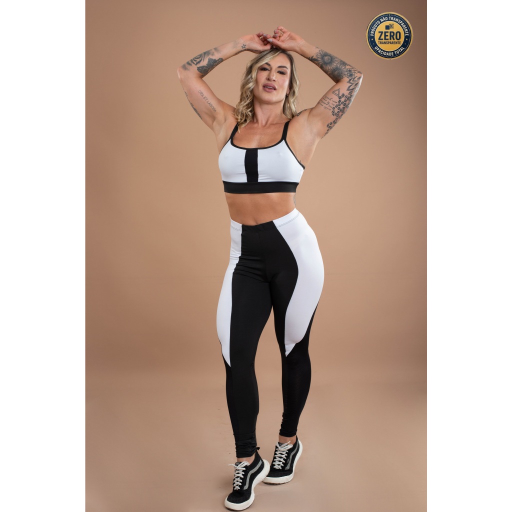 Conjunto Fitness Feminino Calça Legging Cintura Alta Recorte Perna E Top Nadador Tira Academia ZERO TRANSPARÊNCIA