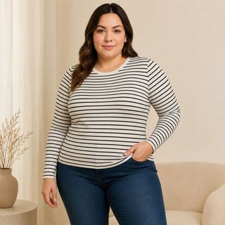Blusa Manga Longa Plus Size Listrada Gola Redonda Feminina Frio Segunda Pele Dia a Dia Casual