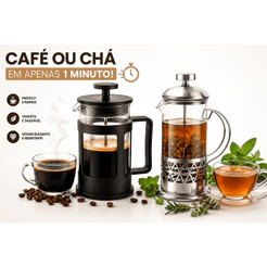 Cafeteira Prensa Francesa de Vidro 350ML Cremeira Inox Com Tampa Preta, Prata