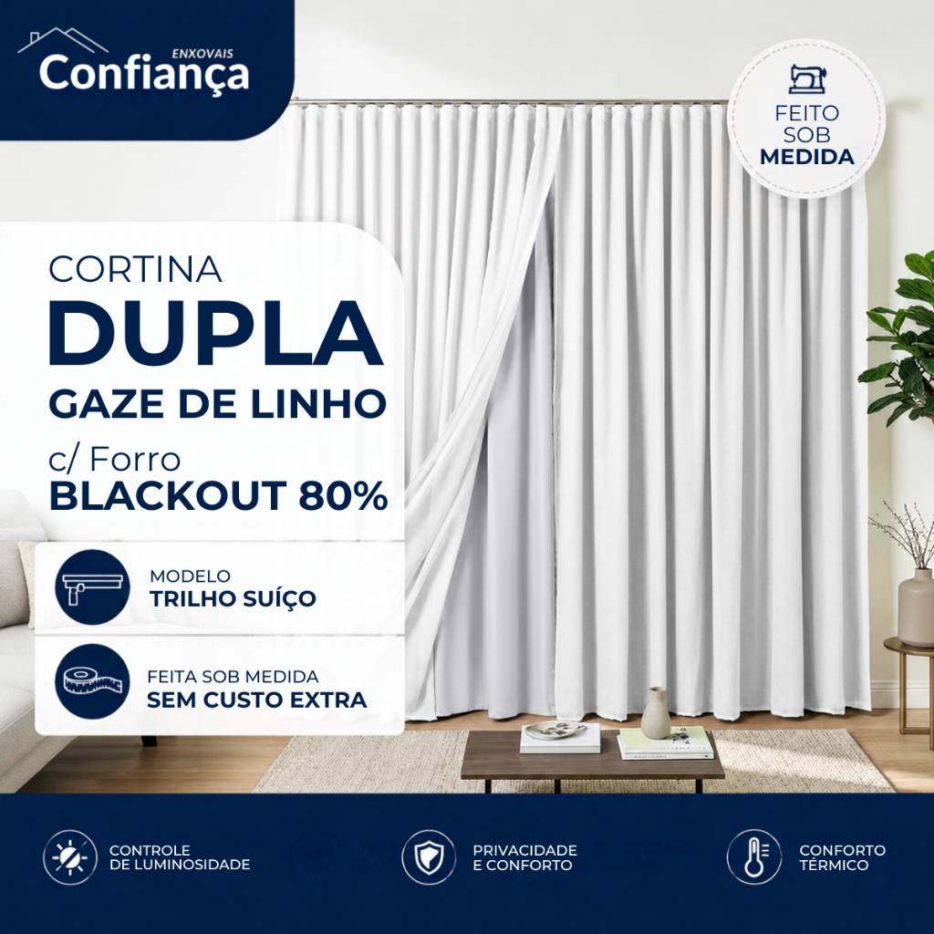 Cortina Gaze de Linho com Blackout Trilho Suíço - Sob Medida - 2 a 12m de Largura (Alturas até 2,70m - Indique no Chat)