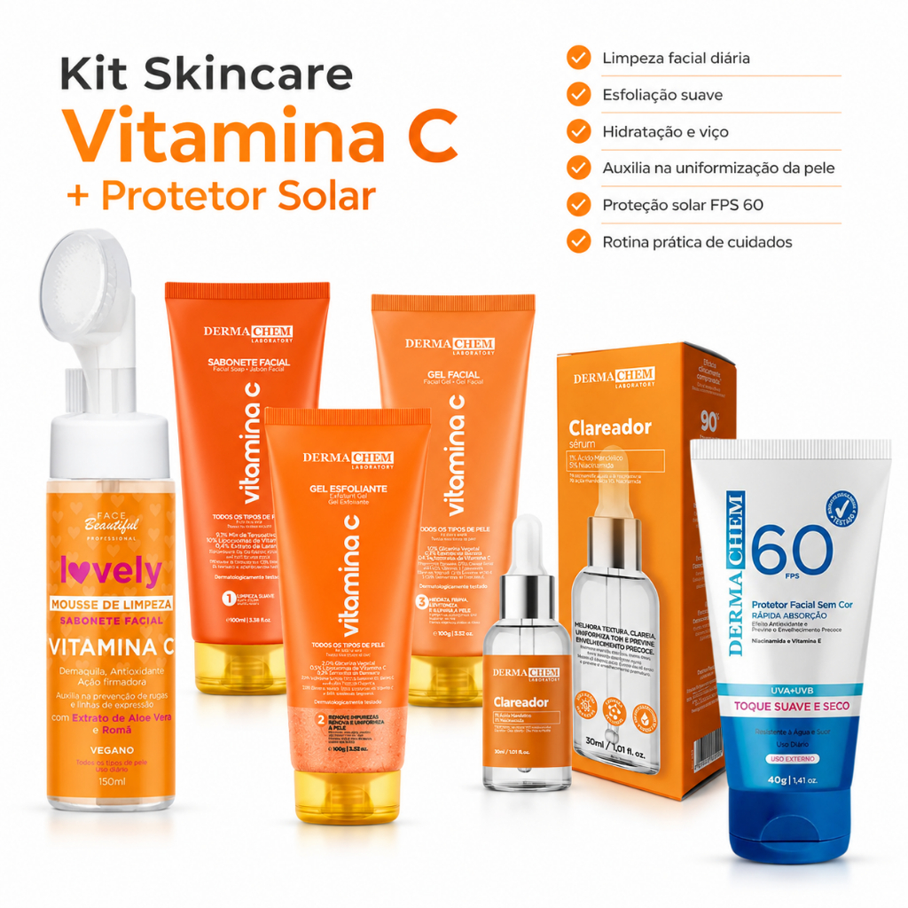Skincare Clareador de Manchas Vitamina C Protetor Solar kit limpeza de pele