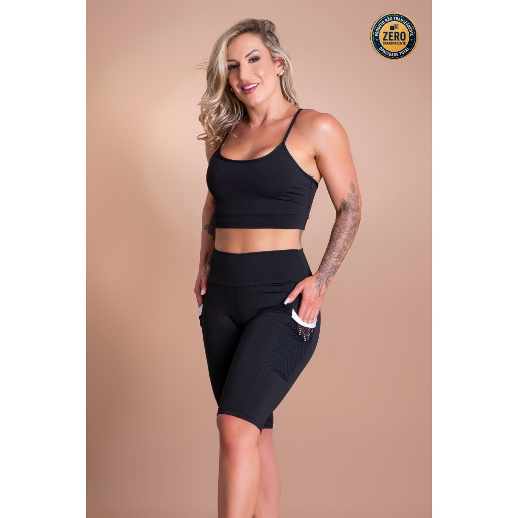 Conjunto Fitness Feminino Bermuda Ciclista Cintura Alta Bolso Tela E Top Cropped Alcinha Liso Treino ZERO TRANSPARÊNCIA