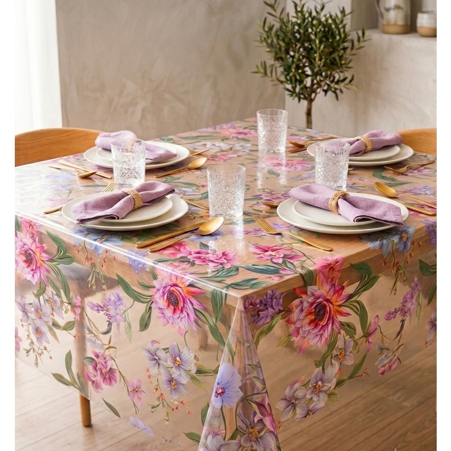 Toalha de mesa Plastico Forro de Mesa Cristal Estampado Transparente Impermeavel Para 2,4,6,8 Lugares