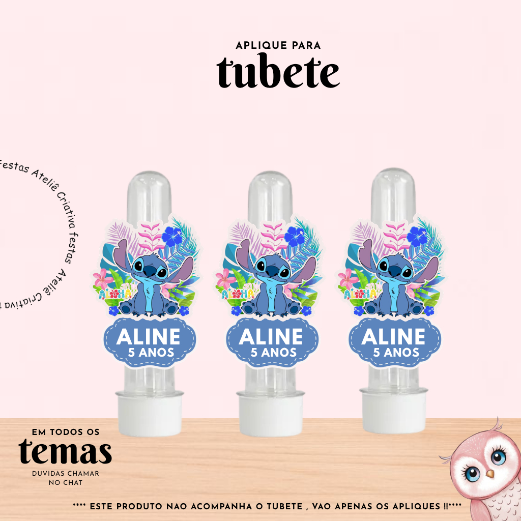 Aplique para Tubete Personalizado com nome Tema Stitch Lembrancinha Festa Infantil Aniversário Mimo TODOS OS TEMAS