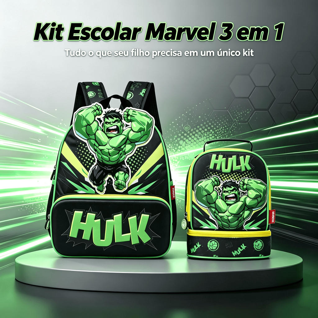 Kit Mochila Lancheira Hulk Infantil Escolar Masculino Marvel
