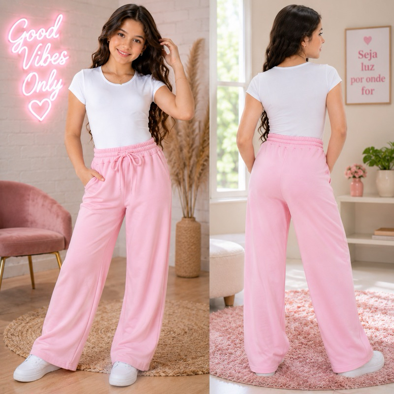 Calça Pantalona Infantil Feminina  com Bolsos em Malha Crepe Conforto e estilo Casual