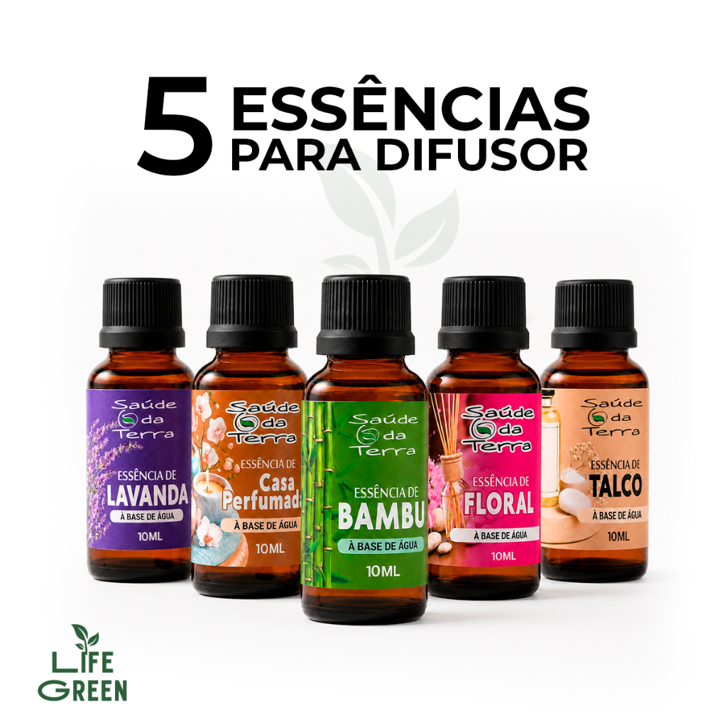 Kit 5 Essências a Base de Água Para Difusor e Umidificador Elétrico 10ml Cada