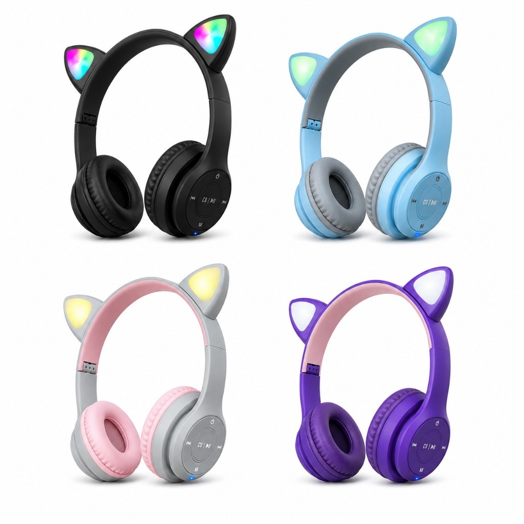Fone Orelha Gatinho infantil Bluetooth Sem Fio LED Colorido Dobrável Recarregável Headphone