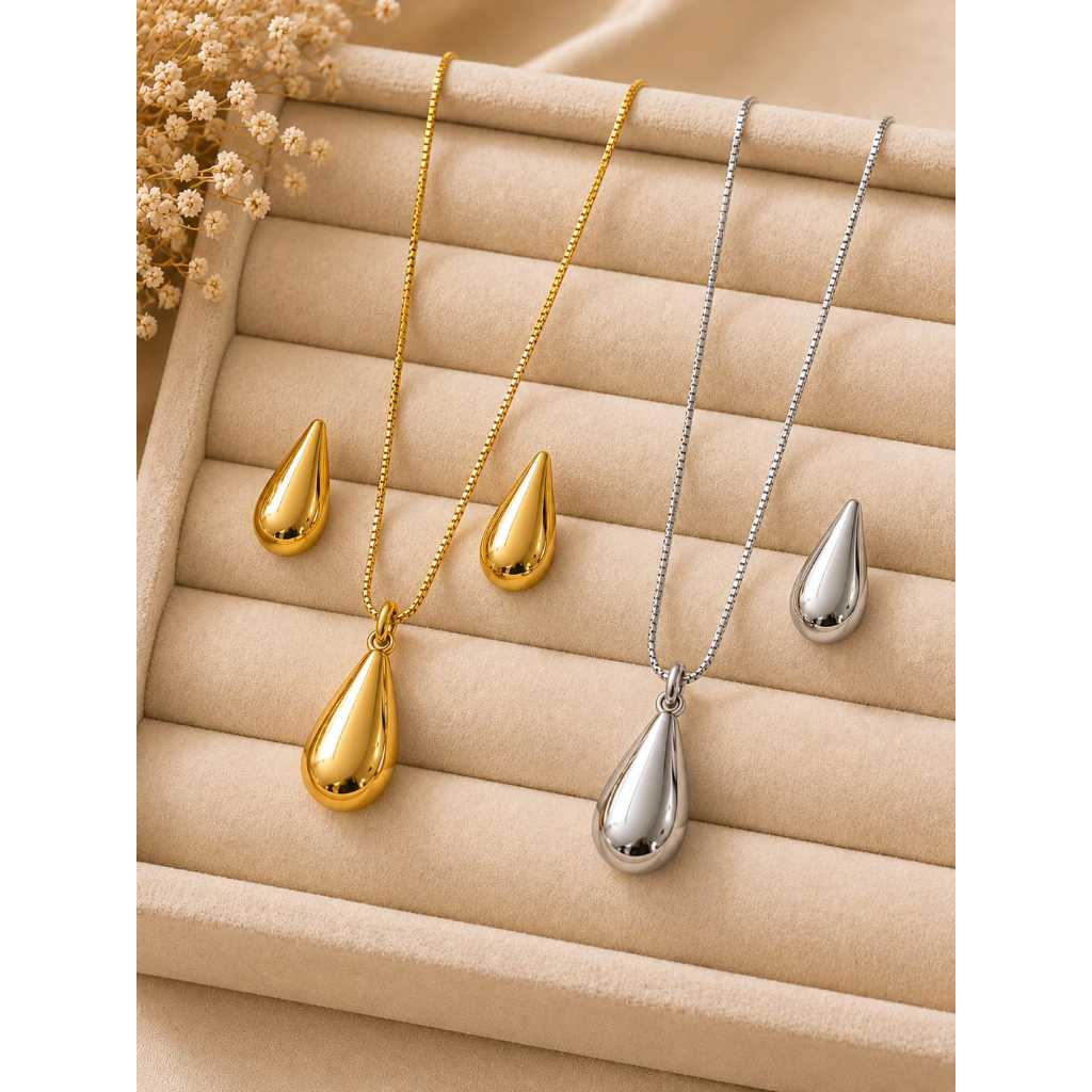 Conjunto Feminino Colar e Brinco Gota Minimalista Dourado/Prata em Aço Inoxidável 316L, Antialérgico Não Escurece