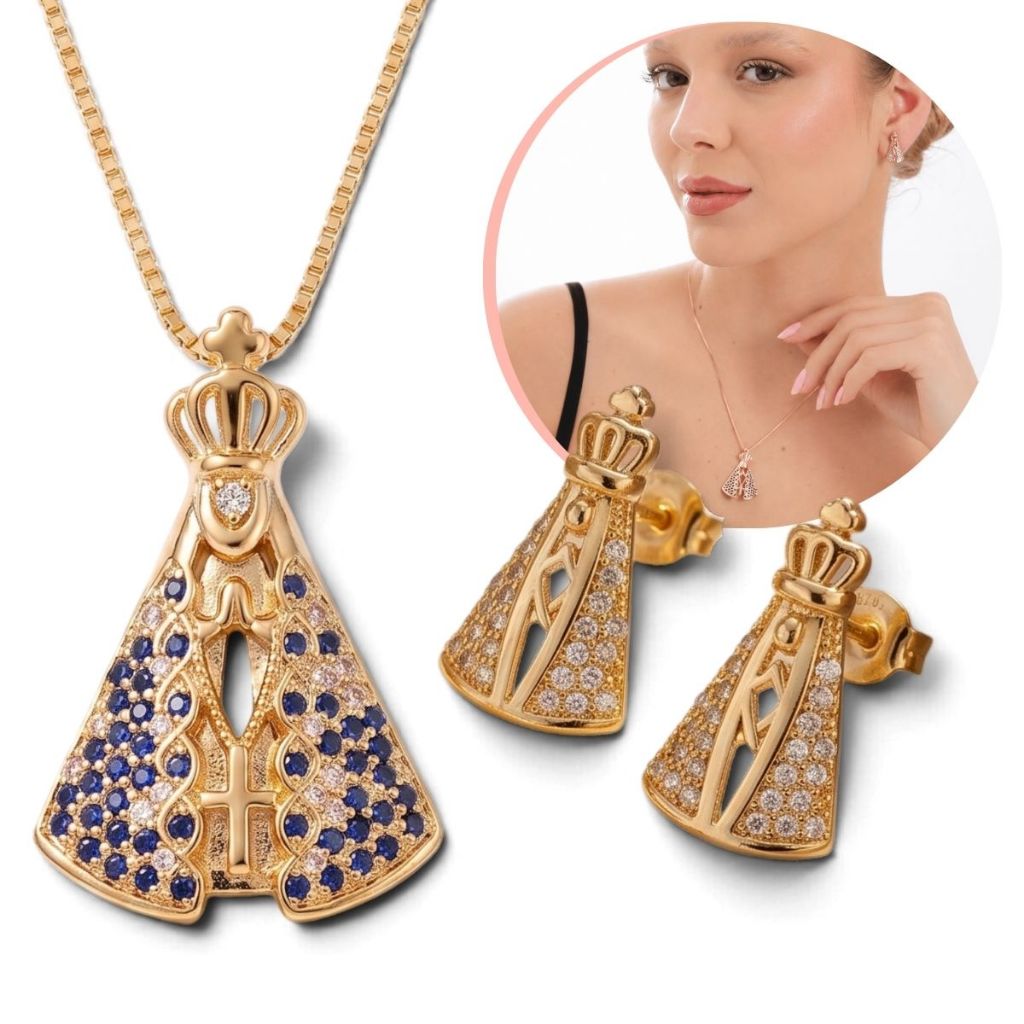 Kit Colar E Brinco De Nossa Senhora Aparecida Cravejado Folheado Em Ouro 18K