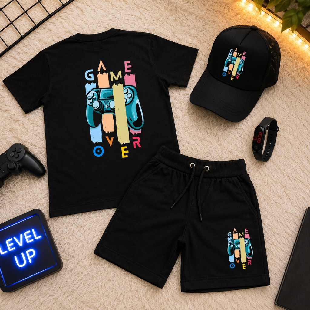 Conjunto Infantil Camiseta Manga Curta Algodão Malha Premium Short moletinho Boné Relogio Controle Gamer Menino Estiloso