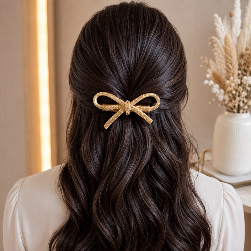Presilha Bico de Pato Laço com Strass Brilhante Elegante Feminina Dourada e Pr