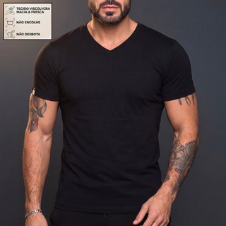 Camiseta Masculina Gola V Preta Básica Malha Viscose Elastano Macia Linda Casual Elegante Chique
