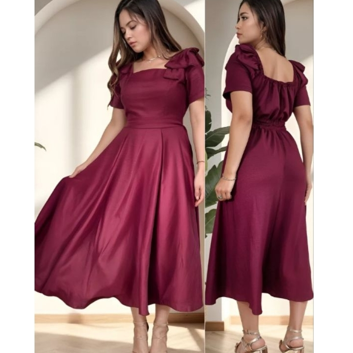Vestido Mídi feminino Plus Size de M-G3 Com Manga Duna Linho Com Laço Na Ombro evangelica