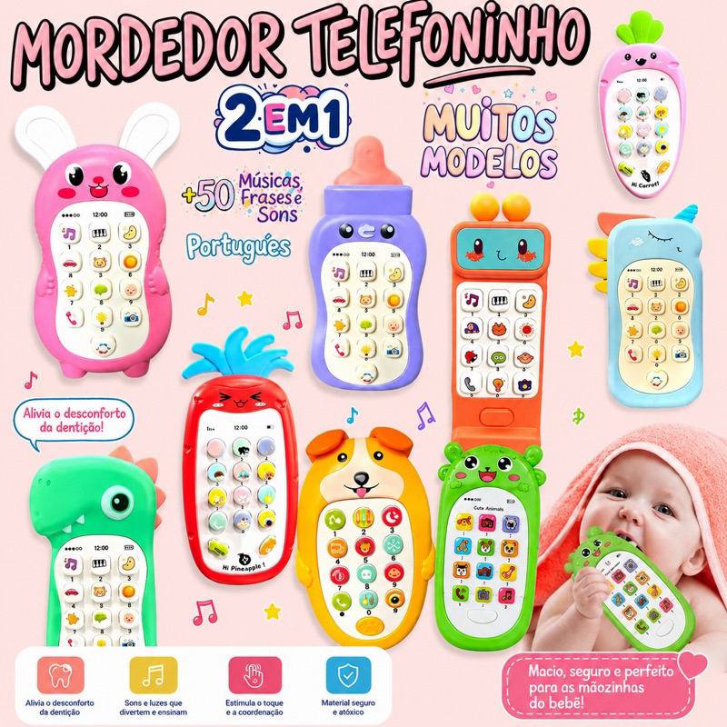 Brinquedo Educativo Celular Musical com Luz e Mordedor  Infantil. Pronta Entrega