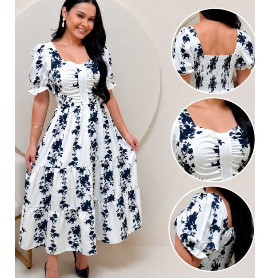 Vestido midi feminino floral tres marias forrado elastex nas costas casual social