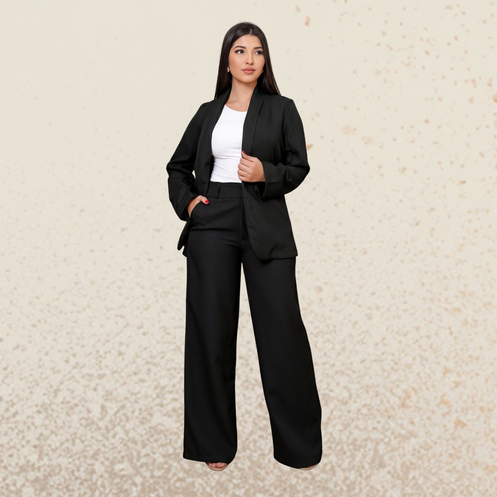 Conjunto Feminino Alfaiataria Blazer e Calça Pantalona Elegante Look Versátil