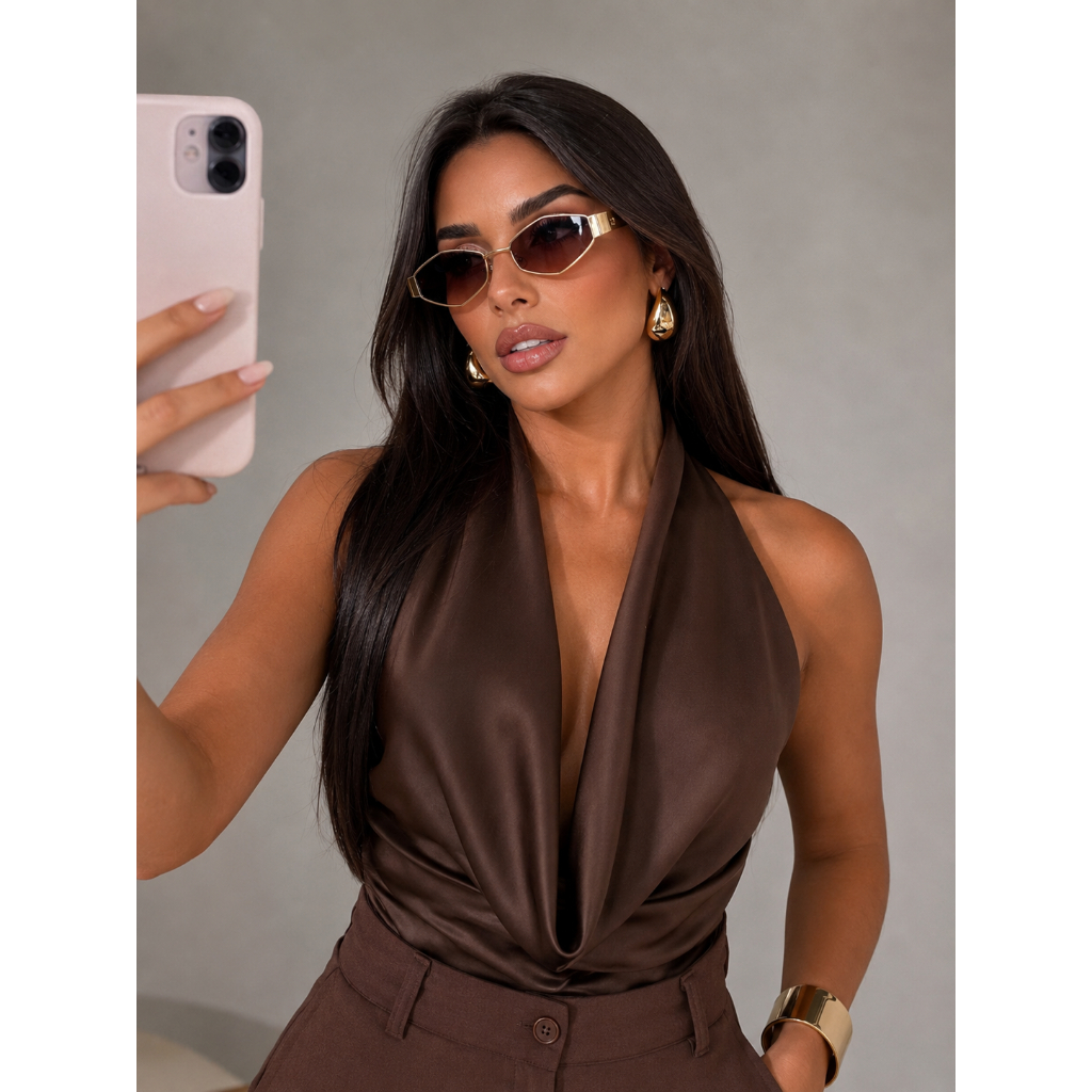 Blusa Feminina Frente Única Gola Degagê Drapeada Cetim Elegante em Branco para Estilo Moderno e Sofisticado Primavera e