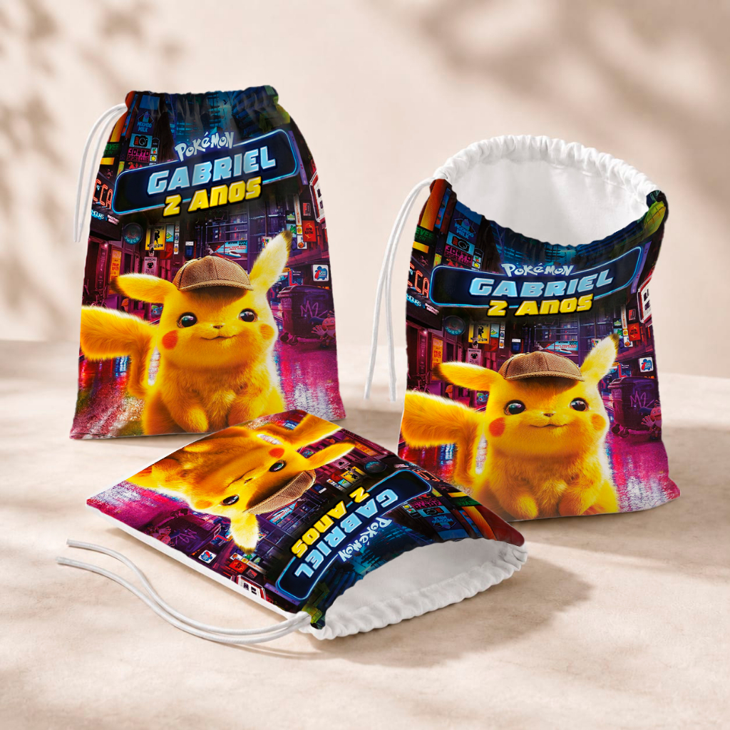 20 Sacolinhas Personalizada Festa Infantil 18x26 Aniversário Lembrancinha Pokémon Detetive Pikachu