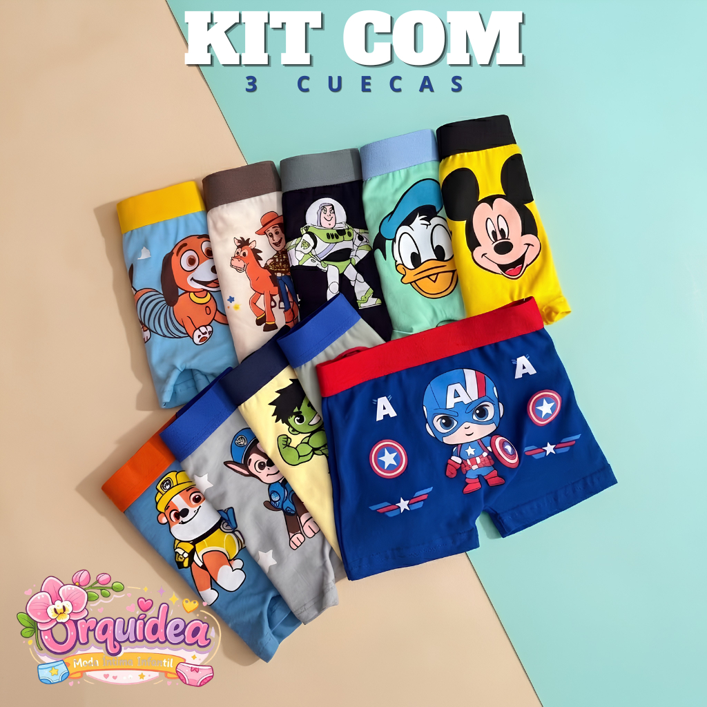 Kit 3 Cuecas Boxer Infantil Estampadas Menino em Algodão Cotton Conforto Qualidade Estampas Sortidas