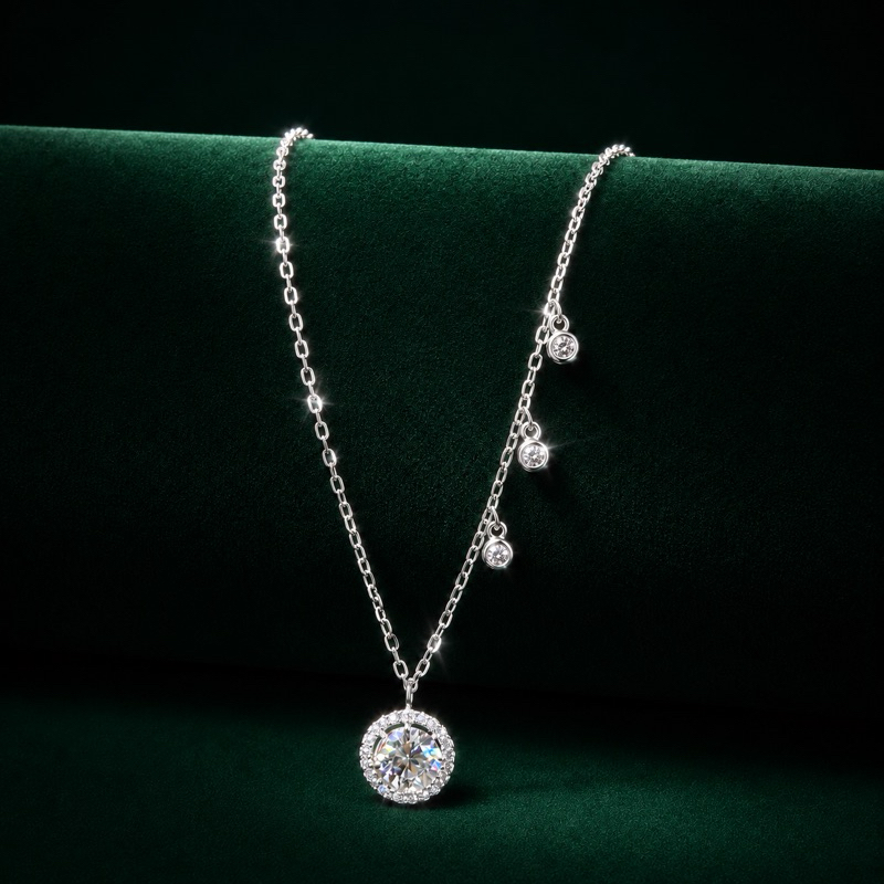 Colar Feminino Pingente Redondo Cravejado Pontos de Luz Prata 925