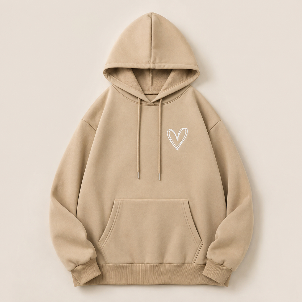 Moletom Corações Feminino Flanelado Estampado com Capuz Manga Longa Inverno Casual Confortável