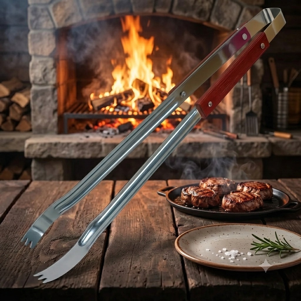 Pegador Churrasco Inox Cabo Madeira Pinça Resistente Calor Cozinha MultiUso Profissional Moderna Carne