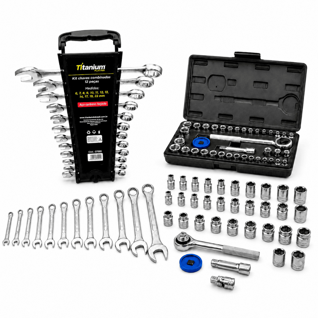 KIT JOGO DE SOQUETES 40 PEÇAS COM CHAVES COMBINADAS 12 PEÇAS – TITANIUM PLATINA
