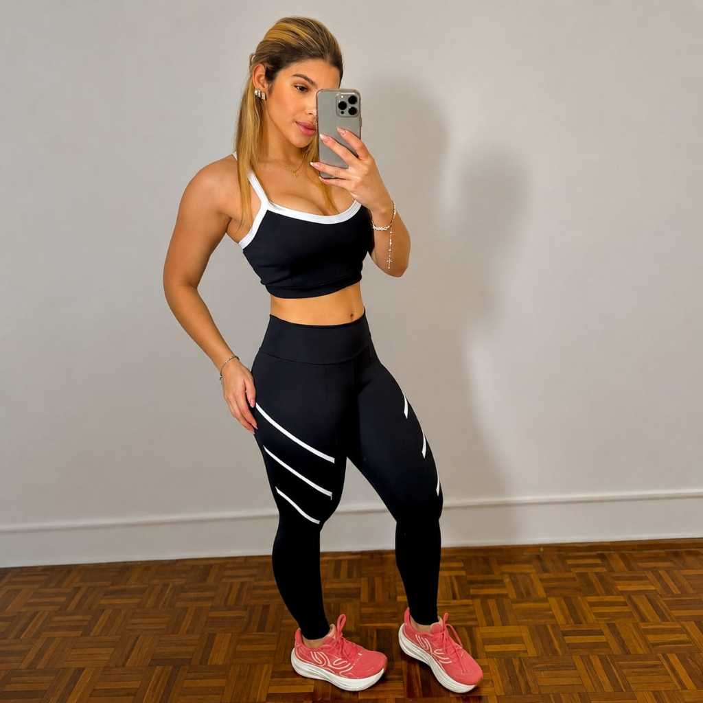 Conjunto Fitness Feminino Academia Legging Cintura Alta Top Alça Larga com Vivo Alta Gramatura Zero transparência