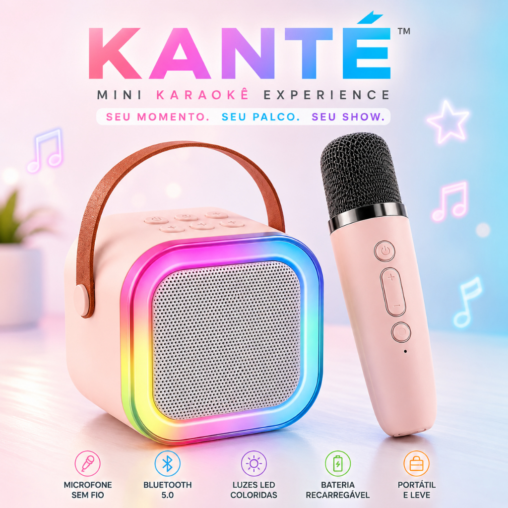 Mini Karaokê K12 Bluetooth Portátil com Microfone Sem Fio Caixa de Som LED RGB KANTÉ™ - CORES SORTIDAS