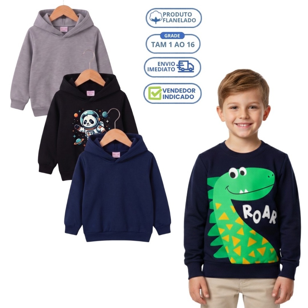 Kit 2 Blusa de Moletom Infantil Menino Capuz Casaco de Frio Inverno Agasalho Flanelado Quentinho Forrado Juvenil 1 ao 16