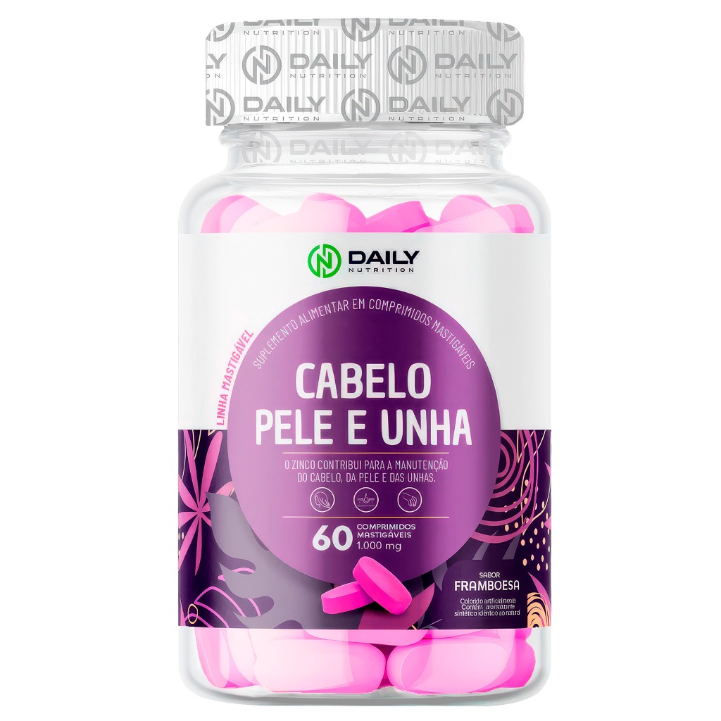 Cabelo Pele Unha Mastigavel c/ Vitaminas Zinco Biotina Acido Hialurônico Framboesa Original