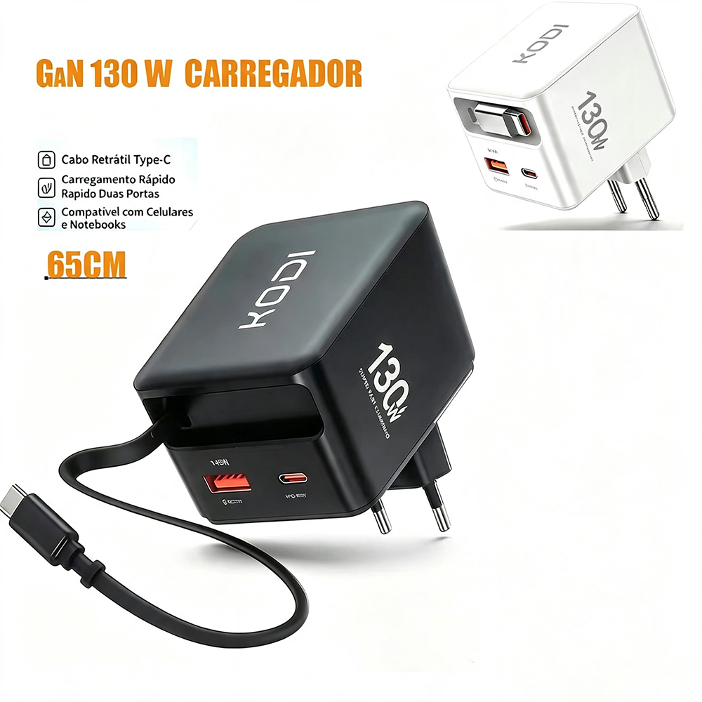 Carregador De Parede Portátil De Cabo GaN 130W Adaptador De Carregamento Rápido De Alta Potência Com Retrátil 65cm -A3
