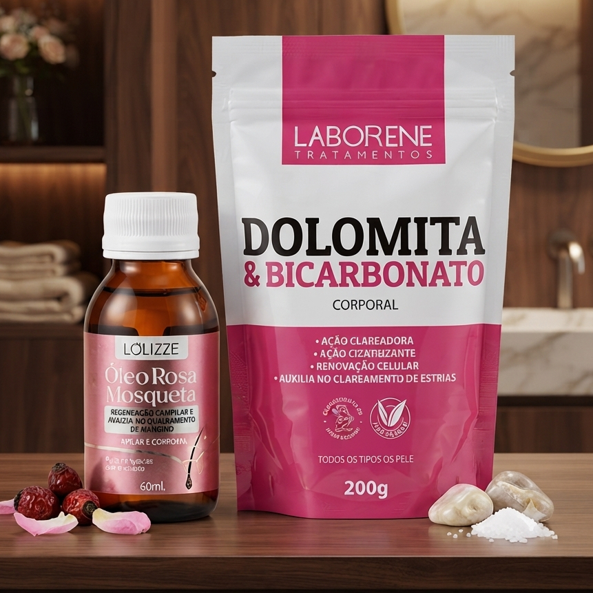 KIT CLAREADOR - Dolomita bicarbonato 200g + Óleo Rosa Mosqueta 60ml