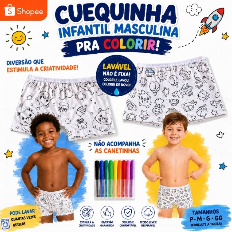 Kit 4 Cuecas Infantis Masculinas para Colorir, Cuequinha de Menino Lavável e Reutilizável, Criativa para Pintar,