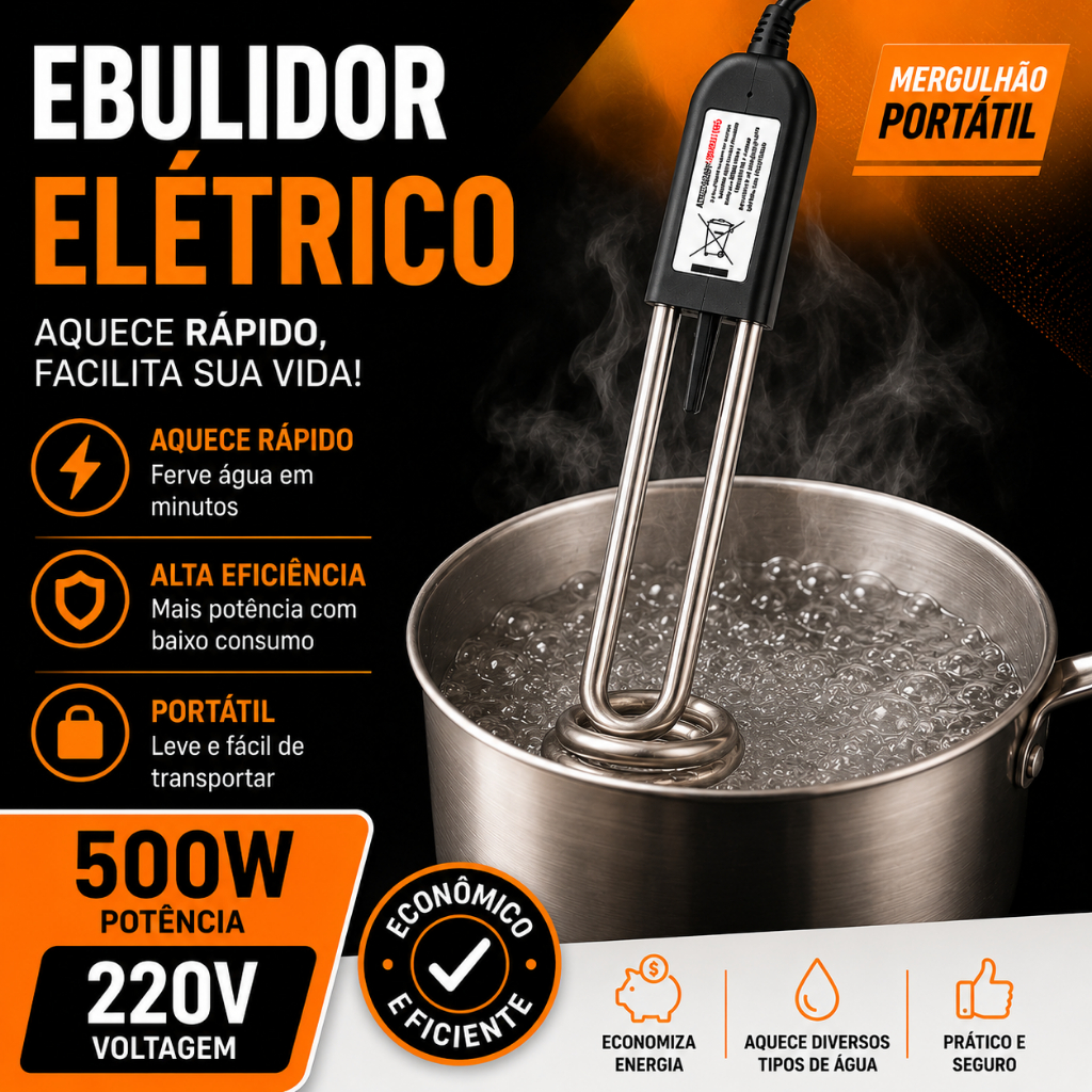 Ebulidor Elétrico 500W 220V Portátil Fervedor Aquecedor de Água Mergulhão Econômico