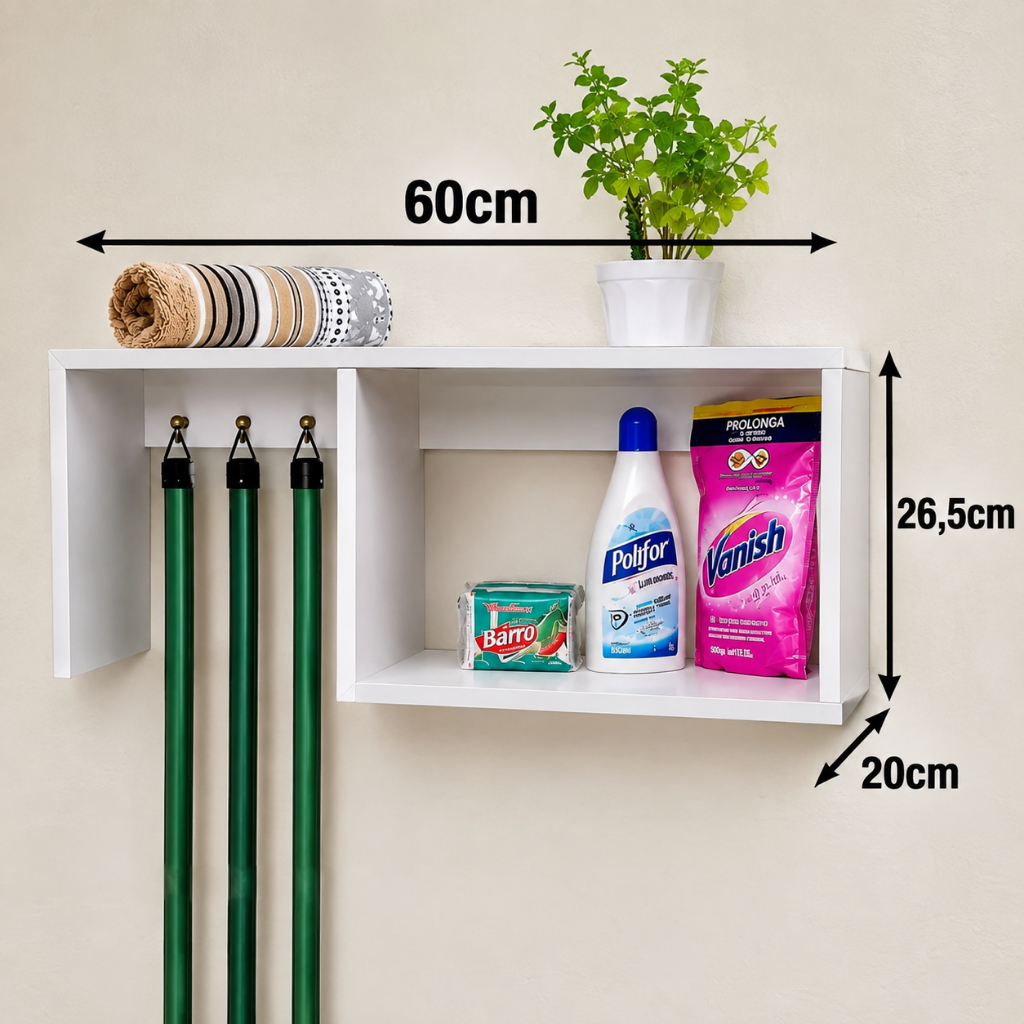Organizador Porta Vassouras e Rodos MDF Branco com Nicho Prateleira Multiuso para Lavanderia e Limpeza