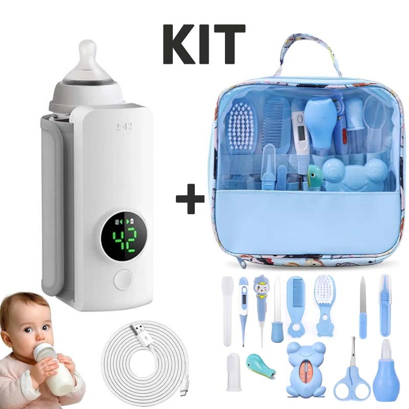 Kit Completo para Bebê – Aquecedor de Mamadeira Portátil Sem Fio + Kit Higiene 13 Peças para Recém-Nascido
