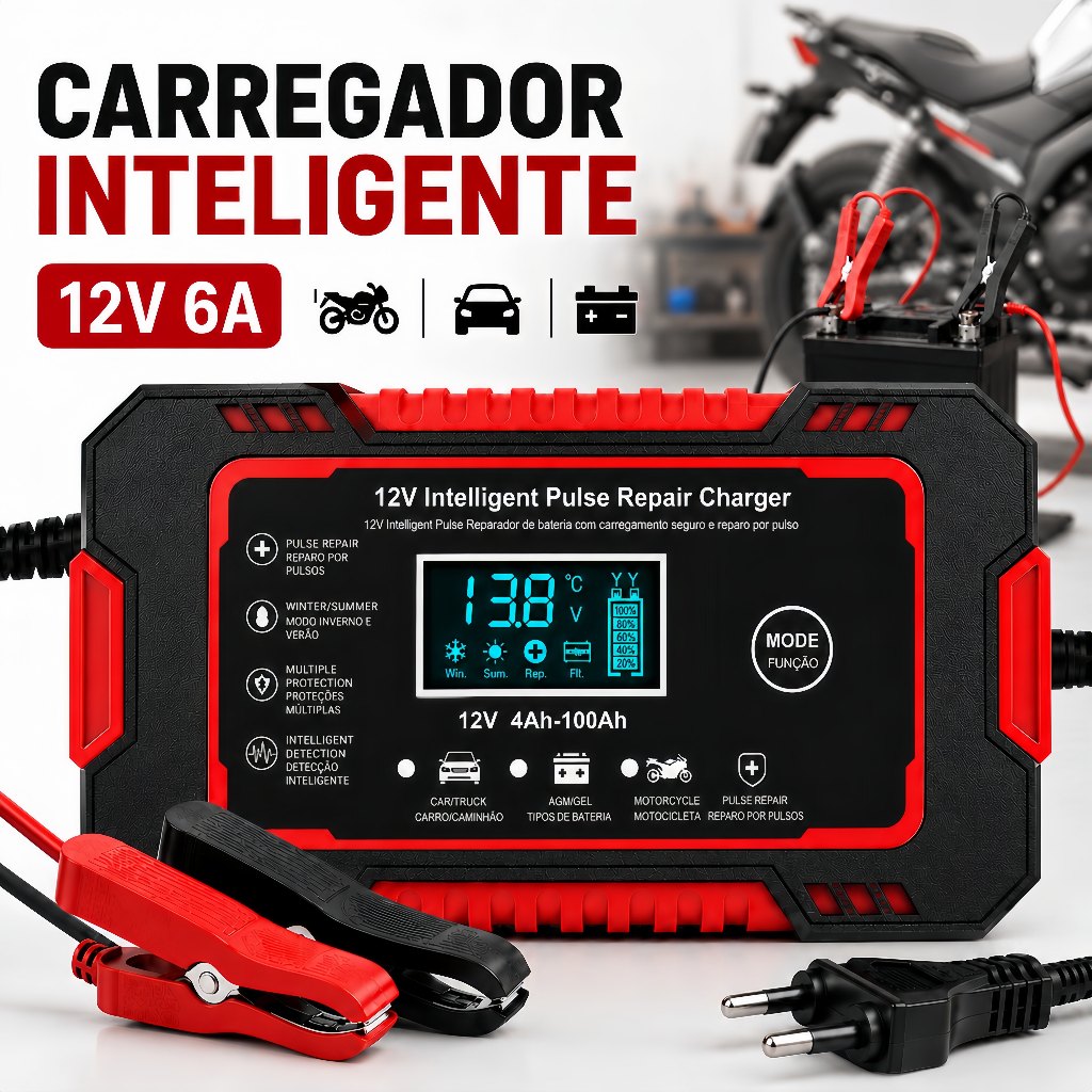 Carregador de Bateria Automotivo Inteligente 12V 6A Bivolt Para Moto e Carro Com Visor Digital e Reparo Por Pulso