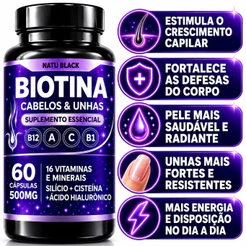 Biotina com Ácido Hialurônico + Vitaminas para Cabelo Unhas Pele 60 Cápsulas ( POTE PARA 30 DIAS USO )