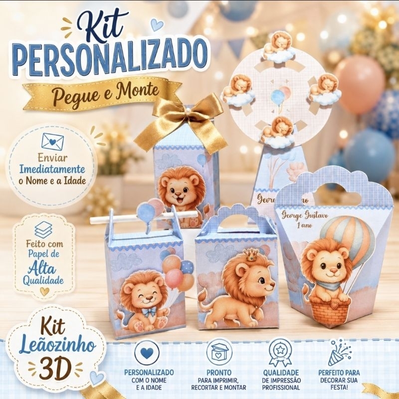 Kit Lembrancinha Leão, Leãozinho Azul 3D | Personalizada | Aniversário Infantil | Pegue e Monte.