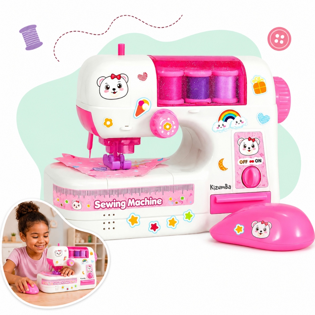 Mini Máquina De Costura Infantil Que Costura Verdade Com 3 Carretéis Pedal Luzes Educativo Kizumba