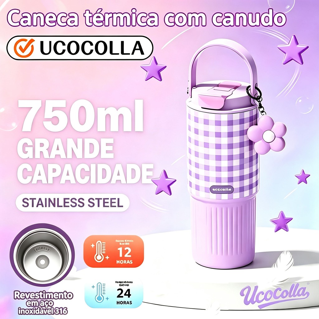 UCOCOLLA Garrafa Térmica Portátil Tampa Antivazamento Com Canudo 750ml Copo Térmico Aço Inox Quente e Frio Com Pingente