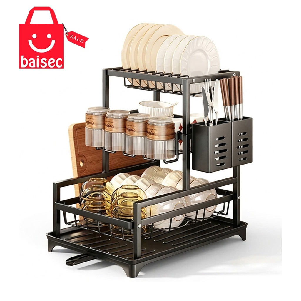 Escorredor de Louças 3 Andares com Porta-talheres e Suporte para Tábua - Aço Inox Prateado Organizador de Cozinha